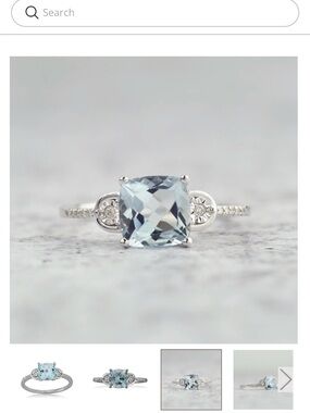 Sterling Silver Aquamarine Cushion Ring with Diamond Side Accents
